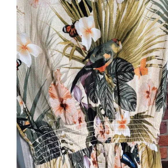 H&M Tropical Safari Bird Palm Leaf Butterfly Floral Print Dress Size 4 - Picture 5 of 9